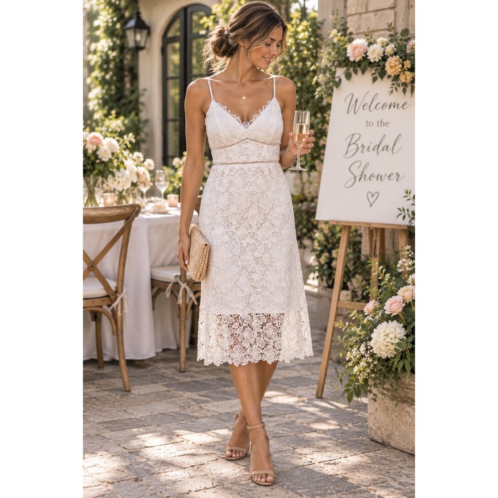 NWT Blue Rain Francescas White Floral Lace Midi Dress V-Neck Adjustable Straps M